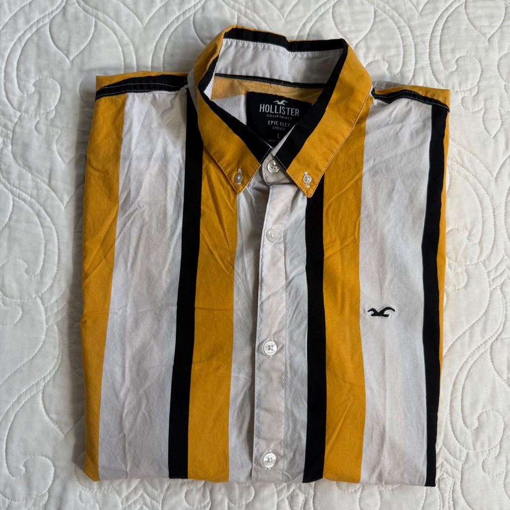 Hollister Epic Flex Stretch Striped Short Sleeve Button Shirt Yellow Leg EUC